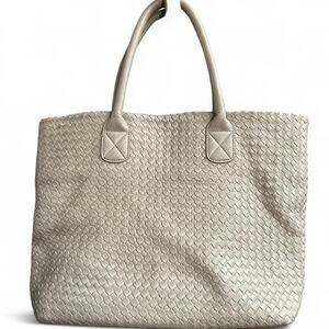 Moda Luxe Cream Woven Leather L Large Tote Bag Black White Striped Interior $140